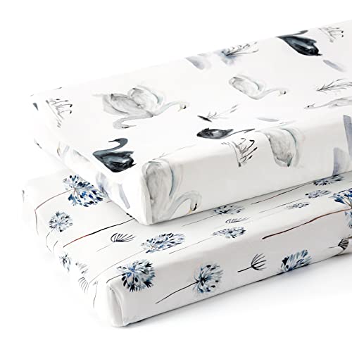 Image of GRSSDER Stretch Ultra Soft Jersey Knit Changing Pad Cover Set 2 Pack, Change Table Pad Covers Fit 32 inch /34 inch x 16 inch Pads Safe and Snug, Pretty Swan /Watercolor Dandelion for Baby