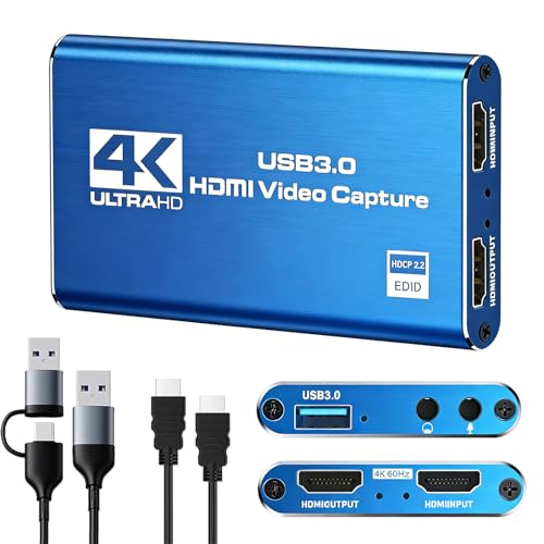 【2026最新】キャプチャーボード Switch 1/2 対応 4K HDMI パススルー 1080P 60FPS USB 3.0 高速伝送 超低遅延 ビデオゲームキャプチャー ボード PC/PS4/PS5/Xbox/Wii U/ウェブカメラ/スマートフォン Windows 7/8/10/11 Mac Linux Android iPad に対応(青）