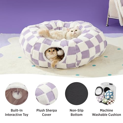 Image of Lesure Cat Tunnel Bed for Indoor Cats - Cute Cat Donut Tunnel Toys for Small Large Cats with Washable Circle Cushion, Round Pet Peekaboo Cave Toy for Kitten /Puppy /Rabbit, Standard Lavender Checks