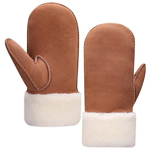Harssidanzar Hommes Mittens Gants,laine de mouton chauffée gants de manchette en fourrure, adaptés au temps froid d'hiver KM042,Chameau,Taille M