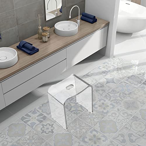 FansaFurn Acrylic Shower Stool, Modern Shower Bench with Curved Seat & Water Leaking Hole, Shower Stool for Inside Shower with Anti-Skip Feet & 300LBS Weight Capacity