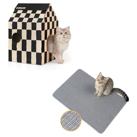 Conlun Cardboard Cat House with Cat Scratch Pad&Catnip,Natural Sisal Cat Scratch Pad Cat Scratcher Mat Cover
