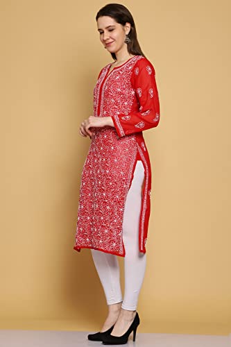 Image of Ada Lucknow Chikankari Hand Embroidered Faux Georgette Kurta Kurti Tunic Dress for Women A95504