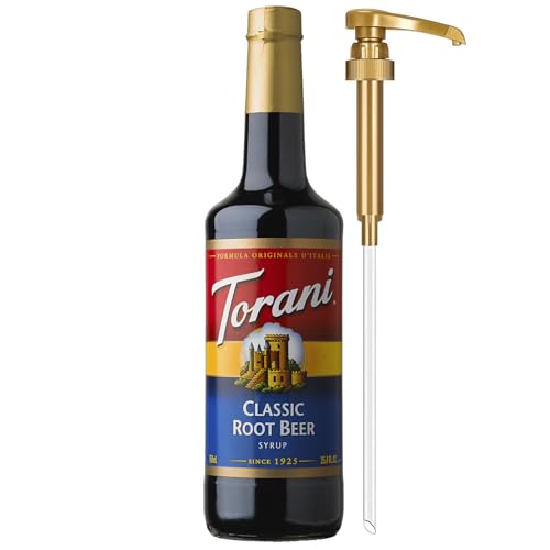 Image of Torani Classic Root Beer Syrup for Drinks, Flavoring for Soda, Floats, and Shakes, Glass Bottle with Pump Included, 25.4 Fl Oz