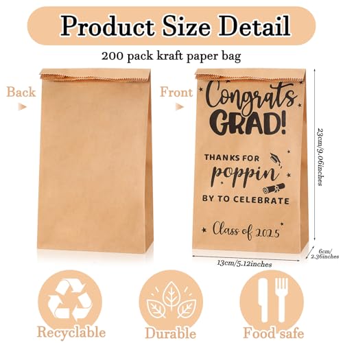 Image of 200 Pcs Class of 2025 Graduation Popcorn Bags Thanks for Popping by Popcorn Bags Bar Supplies Graduation Party Favors Kraft Grease Resistant Paper Congrats Grad for Treat Cookie Snack Goodie