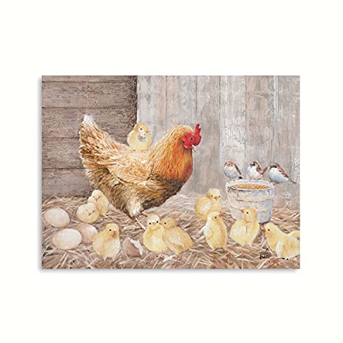 Farmhouse Wall Art Rooster Print: Hen Painting Small Born Chicks Picture Barnyard Birds Vintage Wood Framed Canvas Artwork For Kitchen Decor Easy Hanging (12"X16"X1 Panel) #TOP1