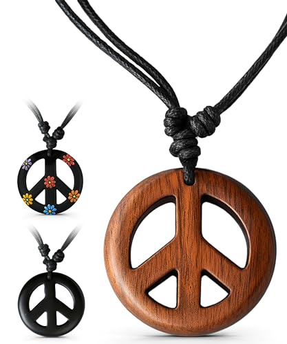 Adjustable Peace Sign Pendant Necklace with Organic Wood - Hippie Accessories and Hippie Costume for 60s or 70s2