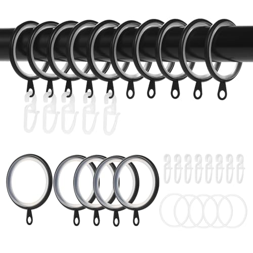 Roxanex 50 Stück Gardinenringe und Haken aus Metall, 37mm geräuschlose Ringe für Gardinenstangen, Ringe zum Aufhängen von Duschvorhangstangen, Gardinenstangen und Vorhangstangen (Schwarz)