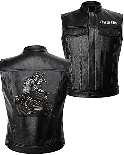 orealexpress Skull Sit on Bike and Smoke| Custom Name| Motorcycle Biker Leather Vest For Men|US Black L