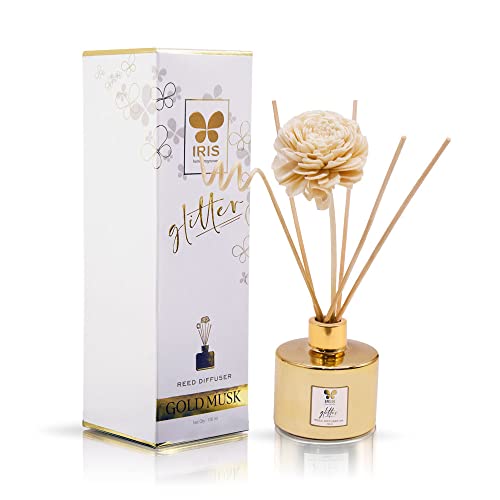 Image of IRIS Glass Glitter Reed Diffuser Set | 100ml Gold Musk Fragrance Oil with 6 Reed Sticks | Elegant Home Aroma Diffuser for Living Room, Bedroom & Gifting | Sparkling Glass Design