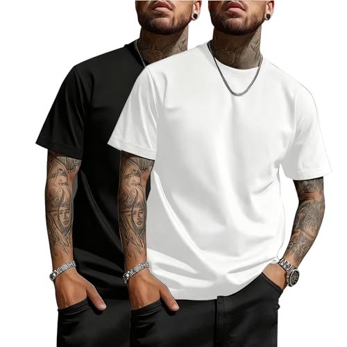 La Mejor Lista de Playera Cuello Redondo - los preferidos. 42 OLKBV 2 Piezas Camisetas De Manga Corta para Hombre,De Algodón 100% De Tejido Grueso, Cuello Redondo,Estilo Casual Y Deportivo,Color Liso, Cómodas Y Versátiles.