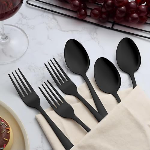Image of Unokit 24-Piece Forks and Spoons Silverware Set - Forks and Spoons Food Grade Stainless Steel Silverware for Home, Kitchen and Restaurant, 12-Fork and 12-Spoon, Mirror Polished&Dishwasher Safe, Black