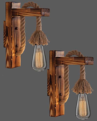 Applique Murale Industrielle Vintage Bois, Lampe Murale Rétro avec Ampoule, Lumiere Murale Intérieur E27, Luminaire Mural en Corde de Chanvre pour Bar Café...