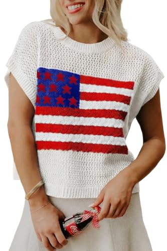 Image of Womens American Flag Sweater Cap Sleeve Summer Crop Tops Crew Neck Loose Fit Knit Sweater Pullover Top