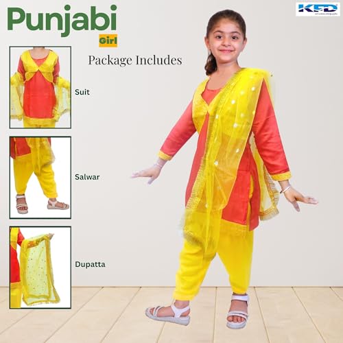 Image of Kaku Fancy Dresses Punjabi Girl Ethnic Costume for Kids - Red & Yellow Salwar Suit Dress with Dupatta | Indian State Fancy Dress for Girls (14-17 Years)