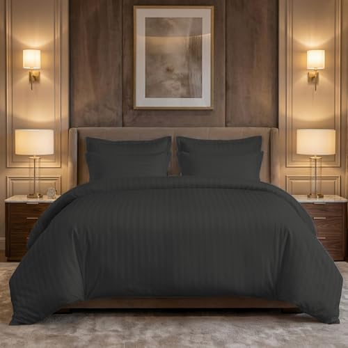 Image of LINENWALAS Cotton 300 TC Fitted Bed Sheet for Queen Bed | Signature 2 CM Sateen Stripe Design | All-Around Elastic for 4-8 Inch Mattresses |Luxury Hotel-Style Bedding (60 x 78, Dark Grey)