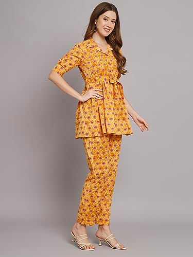Image of Women's Cotton Regular Fit V Neck Printed Top with Trouser Co-ords Set with Fashion & Elegant Design (1 Top 1 Pant 1 Belt)