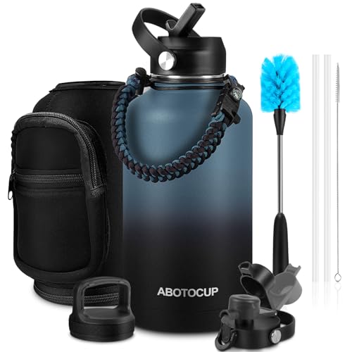 Image of ABOTOCUP 64oz Water Bottle, Powder Coated, Stainless Steel Insulated Water Bottle With Straw Lids&Paracord Handle, Water Flask Double Wall Leak-proof BPA Free, Keep Cold&Hot