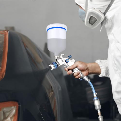HVLP Lackierpistole Spritzpistole mit 3 Düsen 1,4/1,7/2,0mm, 600ml Plastikbecher, Luftdruckregler, Lacksiebe usw. Profi Druckluft Farbsprühsystem Spraypistole Kit für Autos, Möbel
