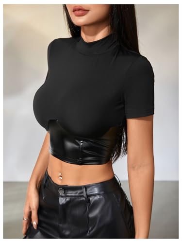 MakeMeChic Women's PU Leather Crop Top Short Sleeve Mock Neck Slim Fitted Y2k Party Going Out Tops3