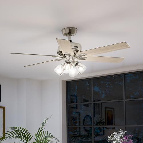 Image of Hunter Fonthill Indoor Ceiling Fan With Light, Remote, 52-inch, Fresh White, Fast Install, 6-speeds (Brushed Nickel)