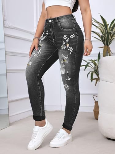 Women's Stretch Embroidery Washed Jeans Slim Fit Floral Skinny Small Foot Jeans Pocket Floral Skinny Jeans4