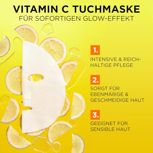 Garnier Feuchtigkeitsspendende Tuchmasken für sensible Haut, Mit Hyaluronsäure und Vitamin C, Für strahlende Haut und einen Glow-Effekt, SkinActive, 5 x 1 Masken