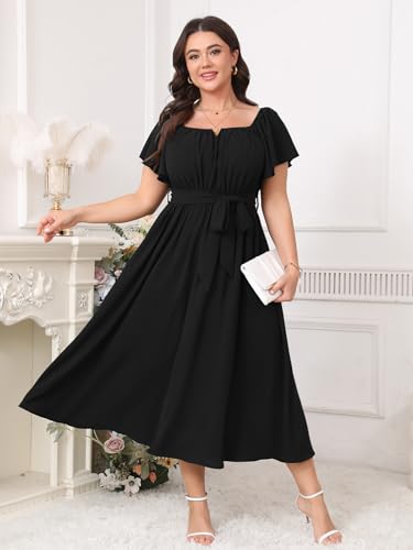 Image of SCOMCHIC Women Plus Size Maxi Dress Off The Shoulder Bridesmaid Formal Wedding Guest Belted Flowy A Line Long Dresses