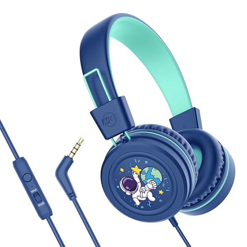 Image of MEE audio KidJamz KJ55 Wired Children's Headphones with 3.5mm Plug, Colorful Graphics, Volume Limiter & Microphone, Adjustable On-Ear Kids Headset for Online Learning /School /Travel /Tablet (Blue)