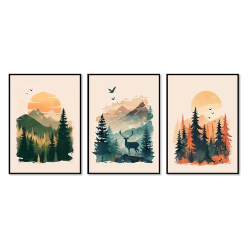 Toile murale aquarelle cerf montagne forêt coucher de soleil salon 3 pièces