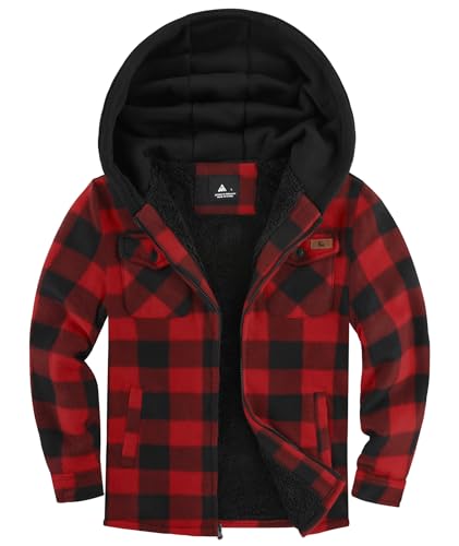 Image of ZITY Boys Flannel Jacket Sherpa Lined Zip Up Hoodie | Thick Plaid Shirt With 4 Pockets,Warm,Soft,Kids Outerwear,Machine Washable,School,Daily,Hiking,Camping,Winter Coat,6-15 Years