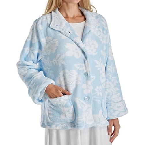 LA CERA Women Floral Microfleece Bed Jacket with Mandarin Collar, Long Sleeves, Front Pockets, Button Front, 100% Polyester2