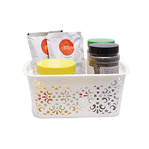 Image of Cutting Edge Essentials Plastic Storage Baskets /Shelf /Turkish Rack with Lid - Set of 2 for Fruit Vegetable Bathroom Stationary Home Basket with Handle (Cream, Small)