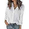 Karlywindow Womens Long Sleeve Button Down Cotton Linen Shirt Blouse Loose Fit Casual V-Neck Tops White