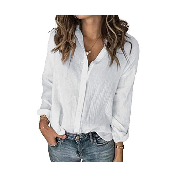 Karlywindow Womens Long Sleeve Button Down Cotton Linen Shirt Blouse Loose Fit Casual V-Neck Tops White