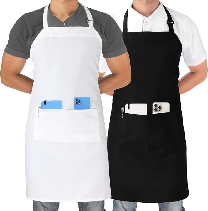 X spring Bib Apron, 2 Pack Adjustable Chef Apron Waterdrop Resistant with 2 Pockets, Water and Oil Resistant, Cooking Kitchen Chef Apron for Women Men Chef, Black and White