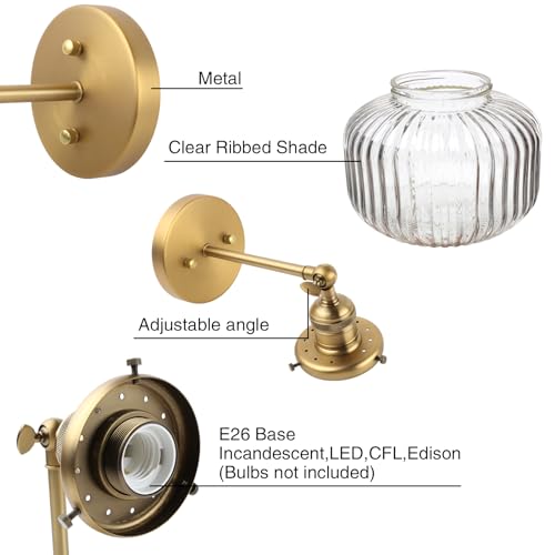 Image of PERMO Single Sconce Vintage Industrial Wall Sconce Light Fixture with Flate Globe Ribbed Shade for Bedroom Livingroom Bathroom (Brass Gold)
