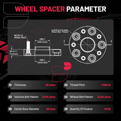 Image of BDFHYK 1 inch 5x4.5 Hub Centric Wheel Spacers, 5x114.3 mm Wheel Hub Adapter M12x1.5 Studs & 60.1mm Hub Bore Compatible with Toyota X-Runner Tacoma 2WD RAV4 Camry Avalon Lexus Scion,Set of 4