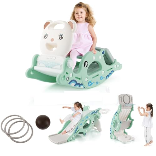 Image of Costzon 4 in 1 Toddler Slide Rocking Toy, Slide for Kids with Basketball Hoop and Ring Game, Rocking Horse, Foldable Climber Playground Slide for Both Indoors Outdoor Use (Green Ocean)