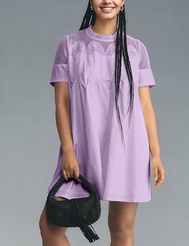 Image of Womens Summer Lace Mini Babydoll Dress Ruffled Collar Short Sleeve Loose Mesh Swing Elegant Flared Sundress