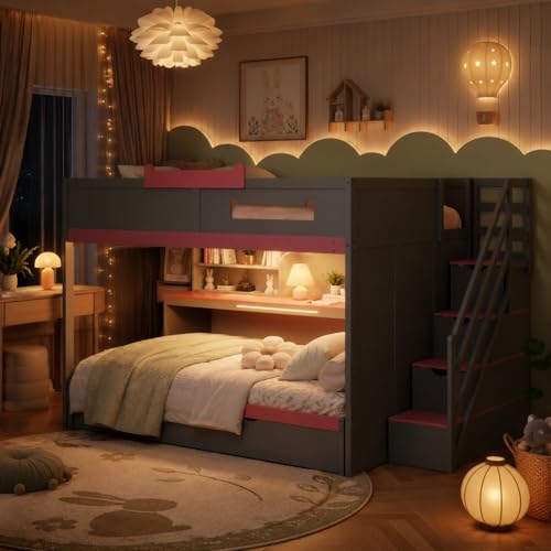 Image of Merax Full Over Full Wood Bunk Bed with Twin Size Trundle with Stairs & Hidden Storage & Shelves, Built-in 3-in-1 LED Lights, Multi-Level Storage Hub, Space-Saving Bedroom Furniture, Gray+Pink