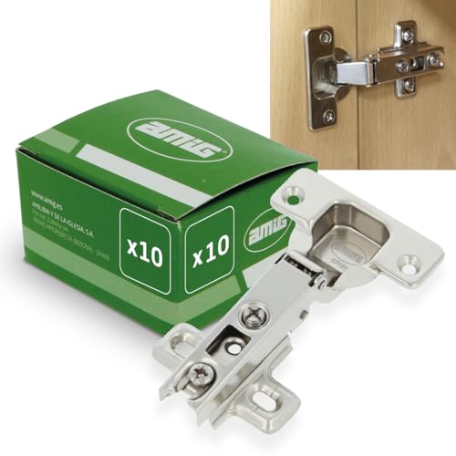 Amig - Pack de 10 Bisagras de Cazoleta Rectas - Acero Niquelado - Para Puertas de Muebles y Armarios de Cocina - Ø35 mm - Apertura 110° - Plateado