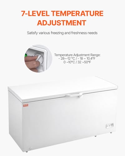 VEVOR BD-505JA 17 Freestanding Top Open Door Commercial Chest Freezers, Large Deep Removable Baskets, Locking Lid, Adjustable Temp for-18.4℉-10.4℉/32℉ to 50℉, LED Lighting, 6 Wheels, 17.2 Cu.ft, White