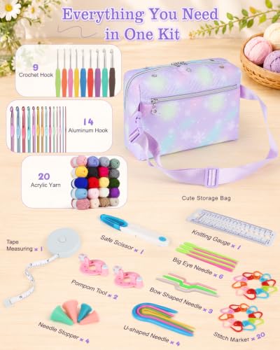Image of Aeelike Crochet Kit for Beginners Adult, Complete Knitting Yarn Kit, Purple | 87 PCS Crochet Kits for Beginners All-inclusive Crochet Set with Yarns Hooks Step-By-Step Instruction Storage Bag, Ideal Gift