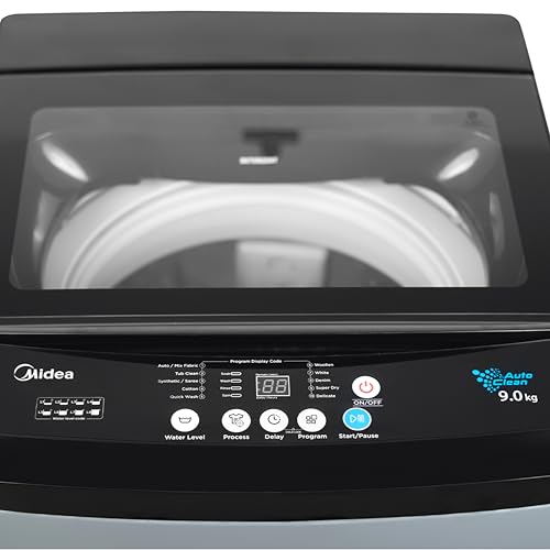 Image of Midea 9kg 5-Star Top Load | Fully Auto | Soft Close Glass Lid | Hydrowave Stainless Tub | 10 Wash Programs | Auto Drum Clean | Magic Filter | Child Lock | Delay Wash | Inox Grey | MWMTL090FP1GNIG