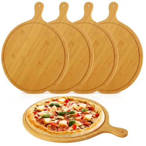SHUESS 5 Pcs Round Wood Cutting Board 12 Inch Wooden Serving Board with Handle Kitchen Chopping Boards for Pizza, Bread, Cheese, Charcuterie, Fruit, Vegetables (Bamboo)