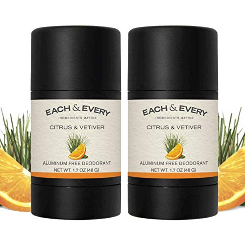 Each & Every 2-Pack Travel Size Natural Aluminum-Free Deodorant for Sensitive Skin with Essential Oils, Plant-Based Packaging, Citrus & Vetiver 1.7 Oz