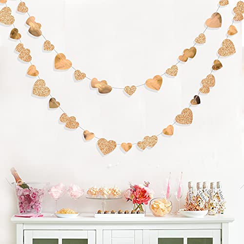 Image of 40Ft Champagne Gold Heart Banner Double Sided Paper Garland Heart Hanging Streamer for Wedding Birthday Anniversary Bachelorette Engagement Bridal Baby Shower Valentines Hen Christmas Party Decoration