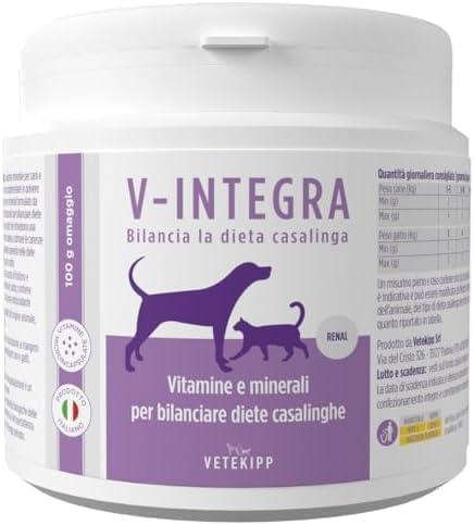 V-INTEGRA Rénal Chiens et Chats - Supplément Complet de vitamines et minéraux pour la Ration ménagère des Chiens et Chats nécessitant Une Restriction en phosphore - 500g - Produit en Italie