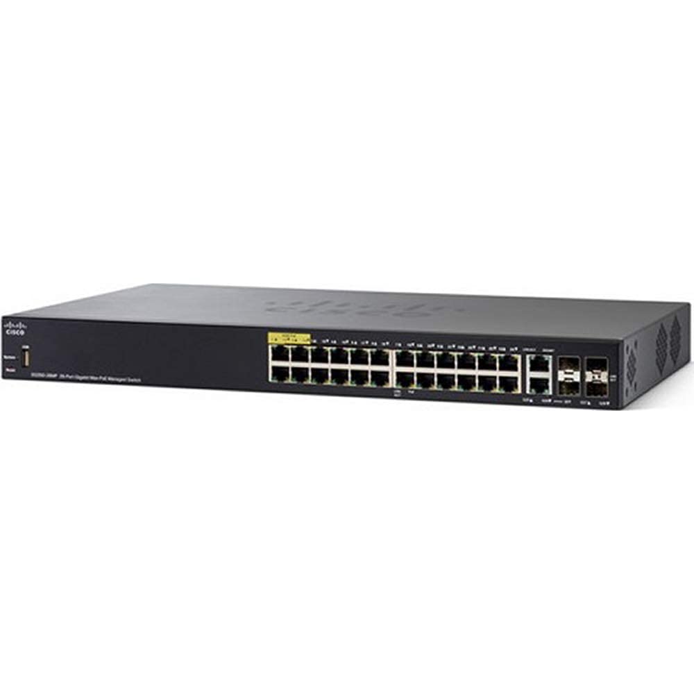 Switch administrado SG350-28P de Cisco de 28 puertos Gigabit Ethernet con 24 puertos RJ45 Gigabit Ethernet, 2 ranuras SFP, 2 combinados Gigabit Ethernet más PoE de 195 W, protección limitada de por vida (SG350-28P-K9-EU)
